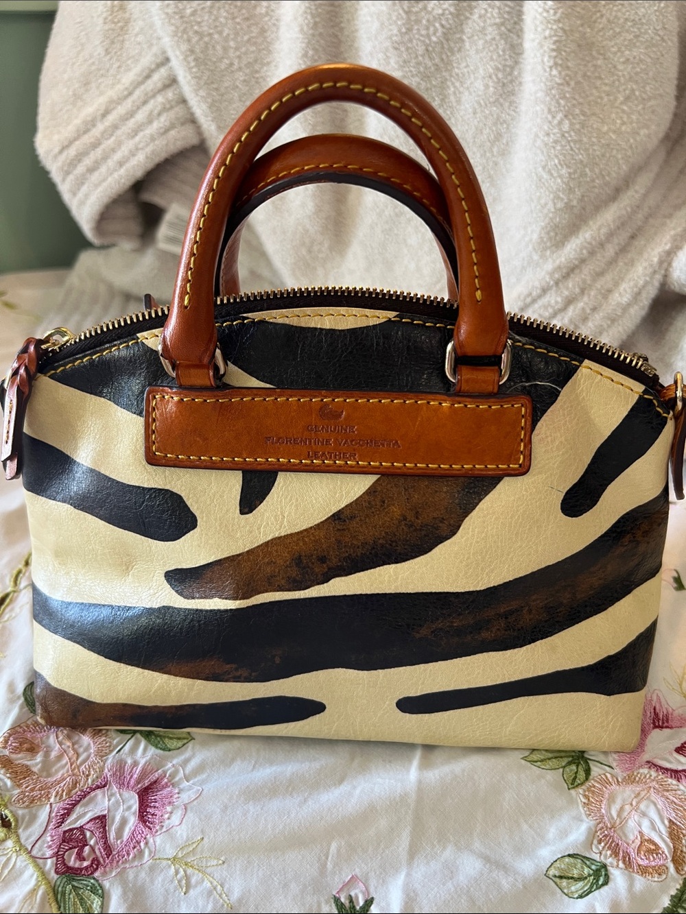 Dooney & Bourke Black and Cream Zebra-Print Satchel with Tan Trim - Picture 4 of 9
